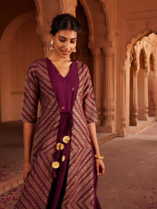 Wine Glitter Print Kurta With Jacket