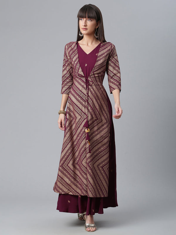 Women's Crepe Wine Glitter Print Kurta With Jacket  - Ahalyaa