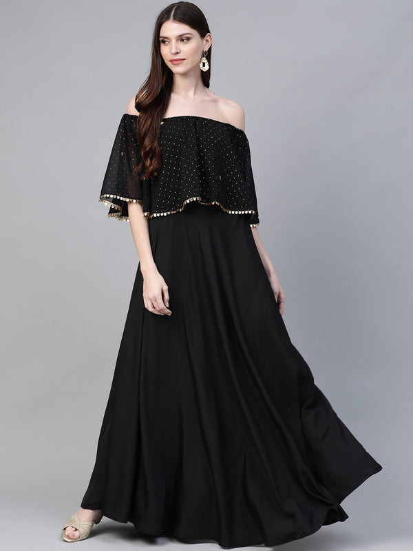 Black & Golden Foil Printed Detail Off-Shoulder Layered Maxi Dress