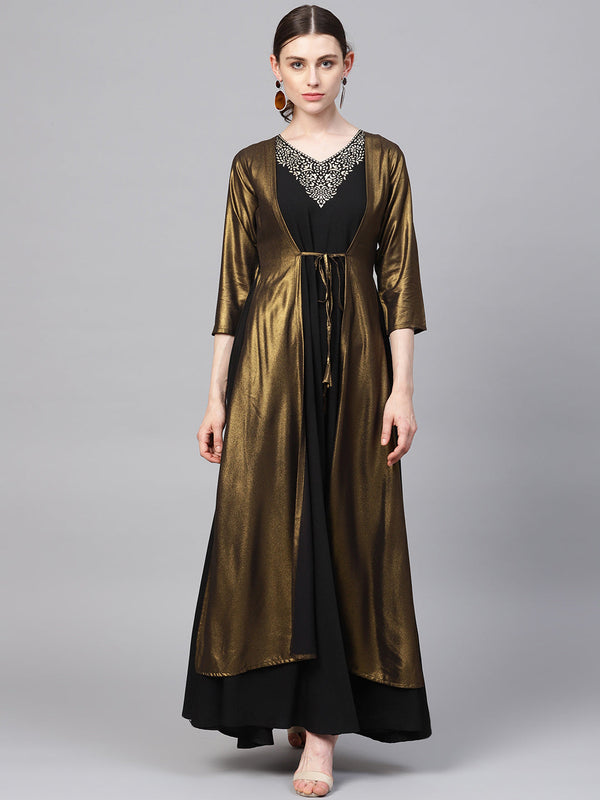 Women's Black Crepe Dress With Attached Jacket - Ahalyaa