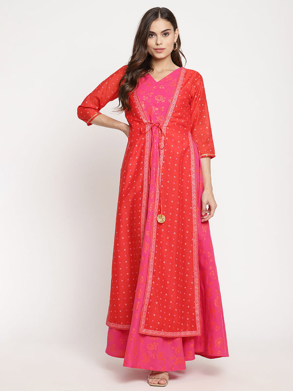 Women's Dark Pink Crepe Khari Print Dress- Ahalyaa