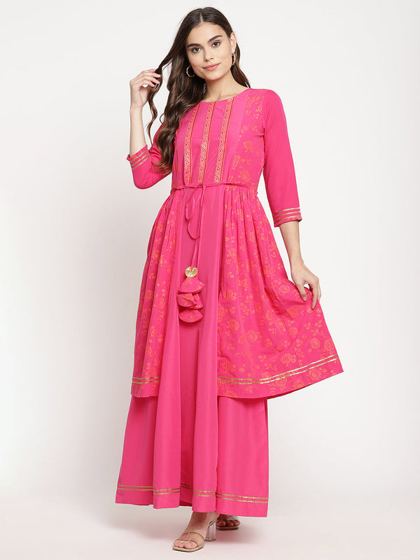 Women's Dark Pink Crepe Khari Print Dress- Ahalyaa