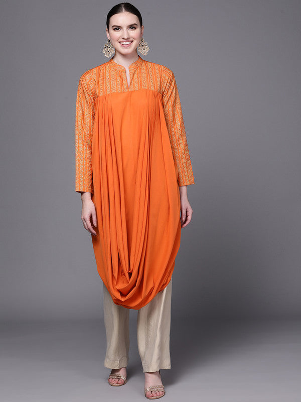 Women's Orange Ethnic Motifs Printed Crepe Cowl Kurta - Ahalyaa