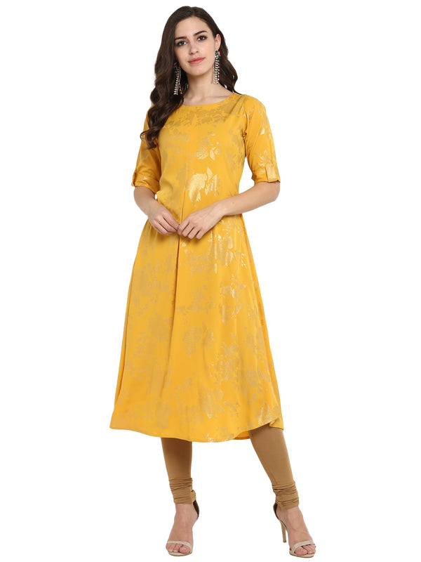 Women's Mustard Flared Metallic Only Kurta - Ahalyaa