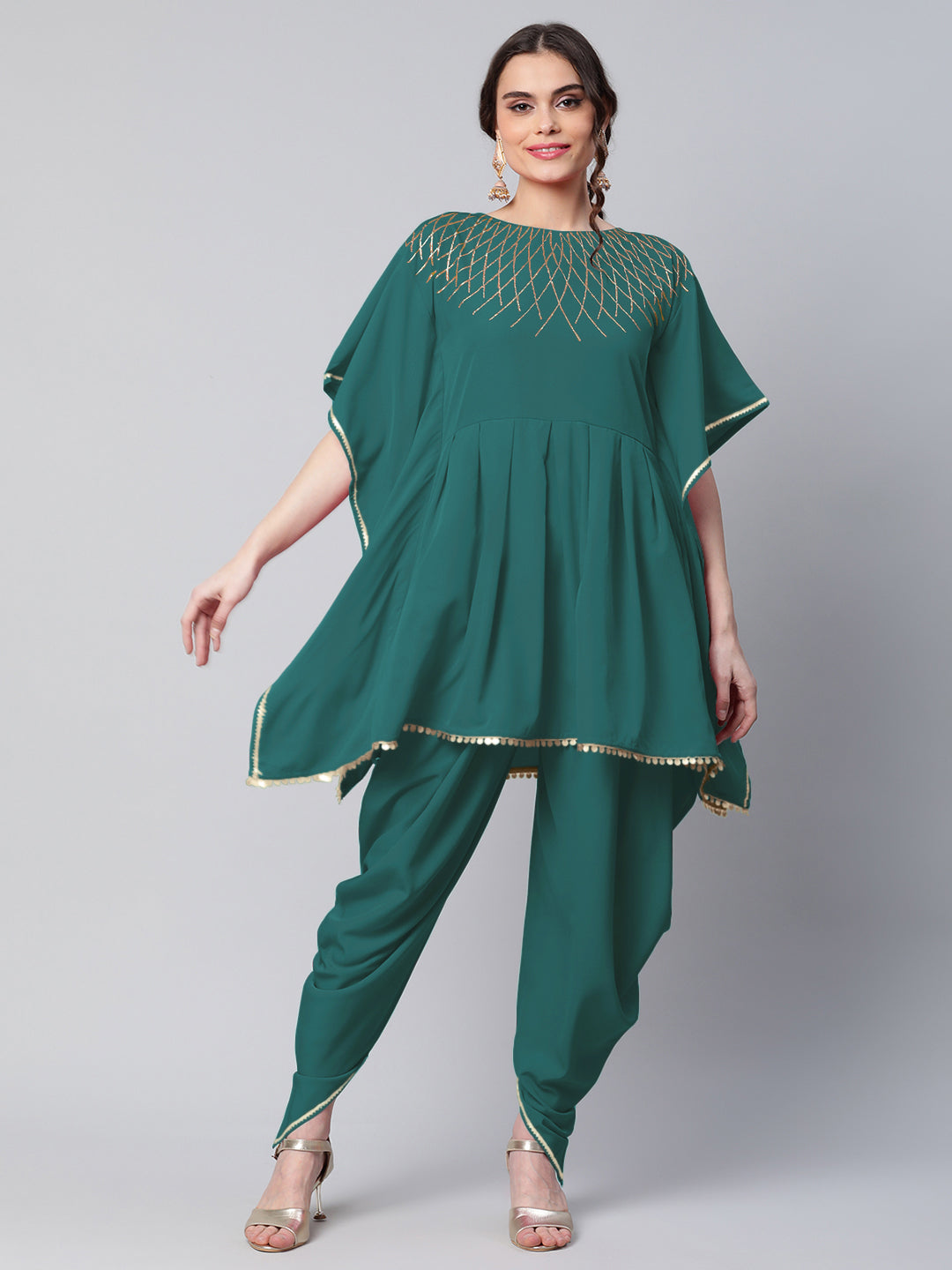 Women's Dark Green Crepe Glitter Printed Kurta With Dhoti Pants - Ahalyaa