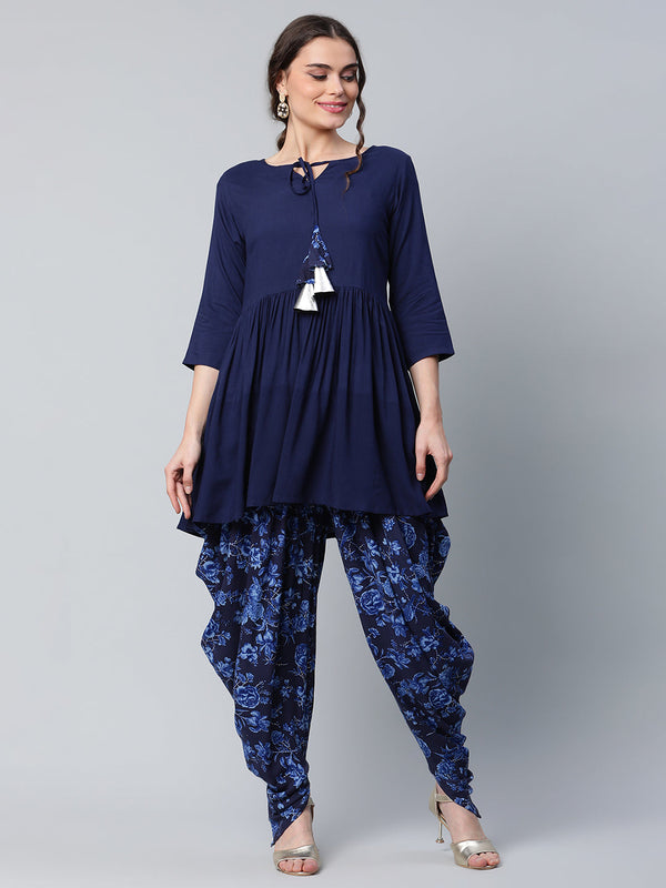 Women's Navy Blue Rayon Floral Empire Kurti With Dhoti Pants - Ahalyaa