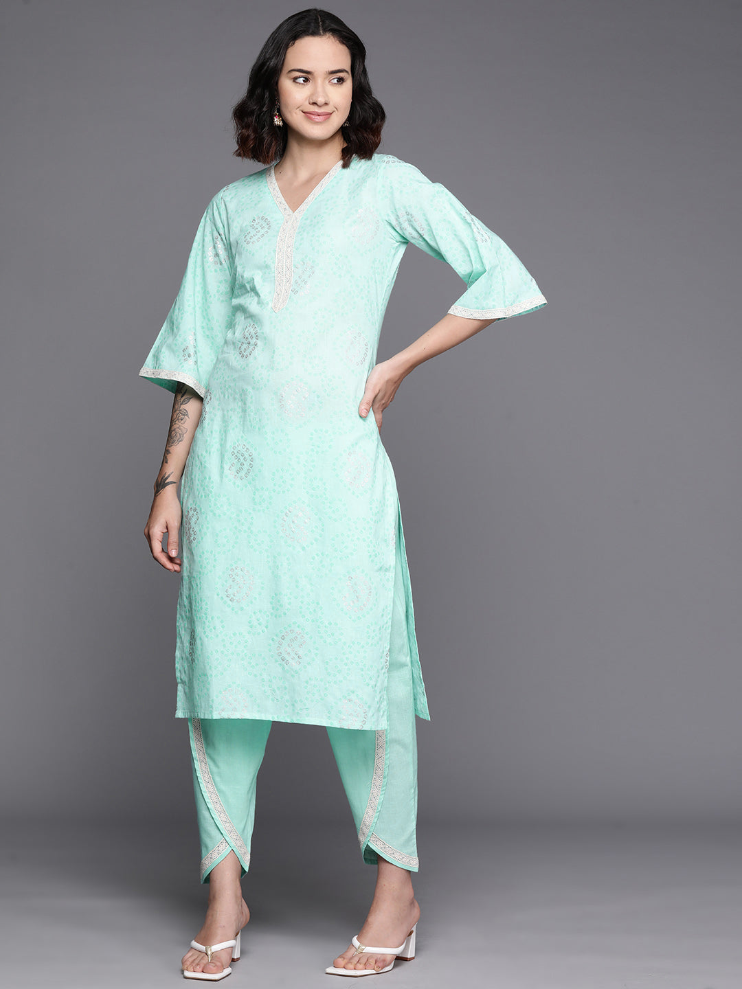 Women's Bandhani Printed Regular Pure Cotton Kurta With Dhoti Pants - Ahalyaa