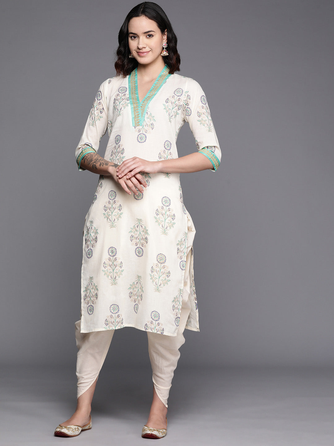 Women's Floral Printed Regular Pure Cotton Kurta With Dhoti Pants - Ahalyaa