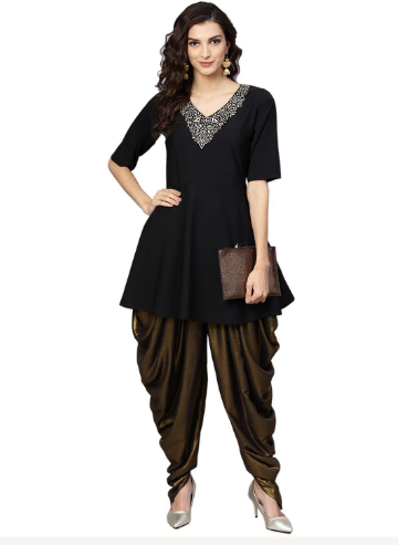 Women's Black Crepe A Line Kurta Sets With Dhoti - Ahalyaa