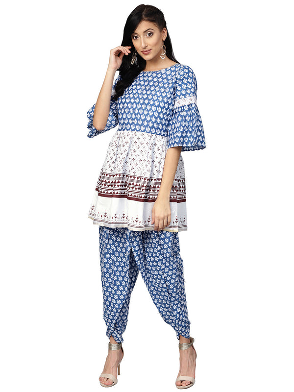 Women's Blue And White Kurti With Dhoti Pant  - Ahalyaa