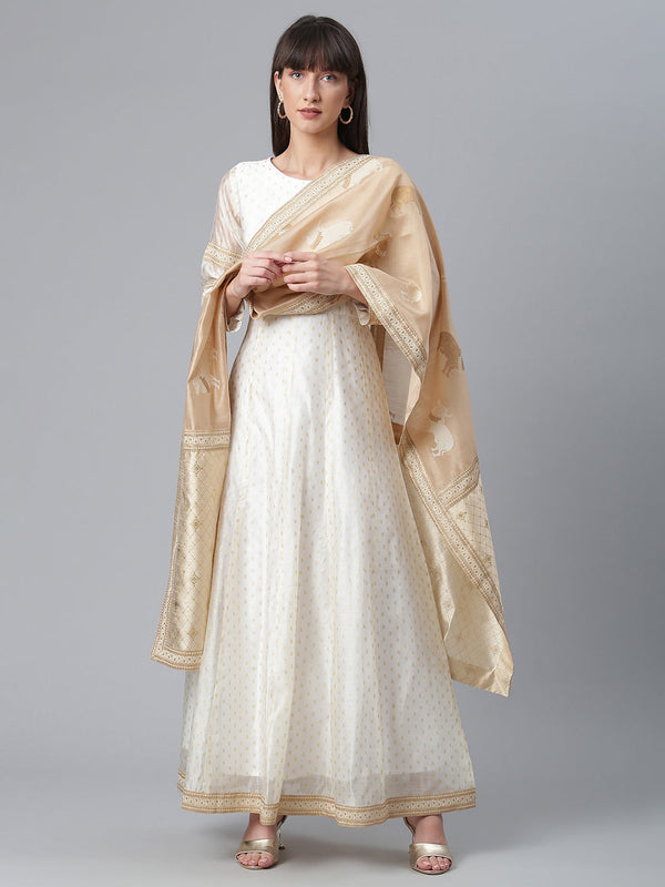 Cream-Coloured & Golden Printed Anarkali Kurta with Dupatta