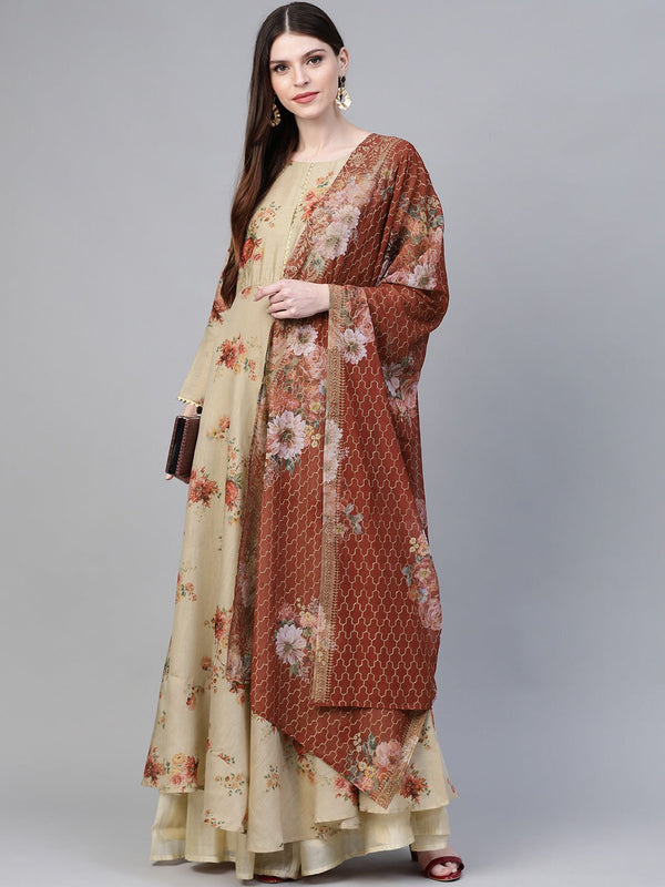 Women's  Beige & Red Floral Printed Anarkali Kurta With Dupatta - Ahalyaa