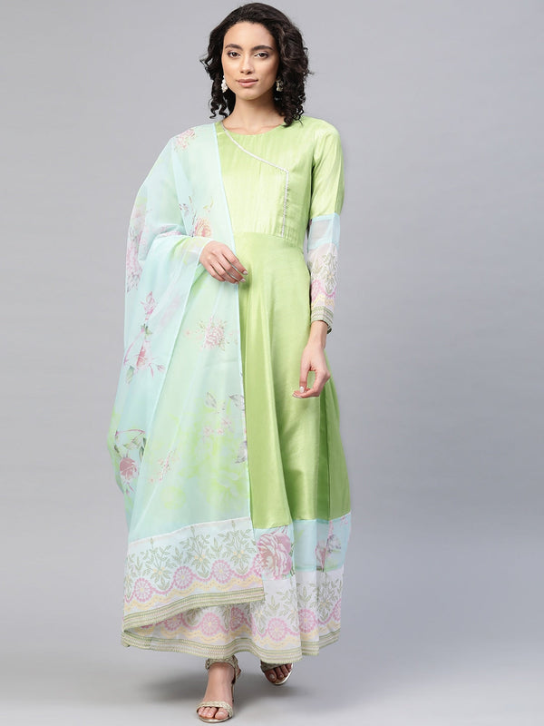 Women's Light Green Poly Silk Printed Kurta With Dupatta- Ahalyaa