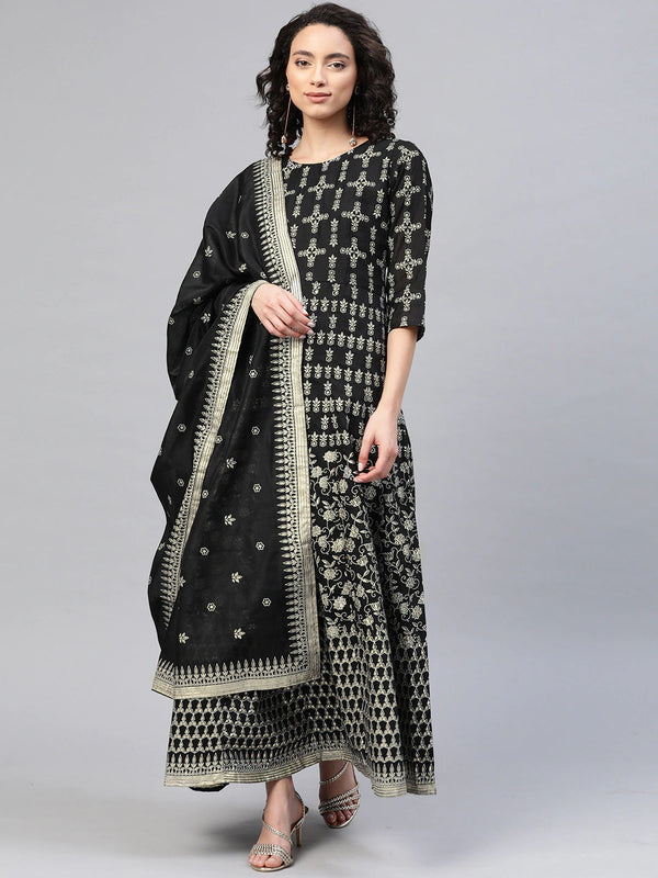 Women's Black Chanderi Foil Print Kurta With Dupatta- Ahalyaa