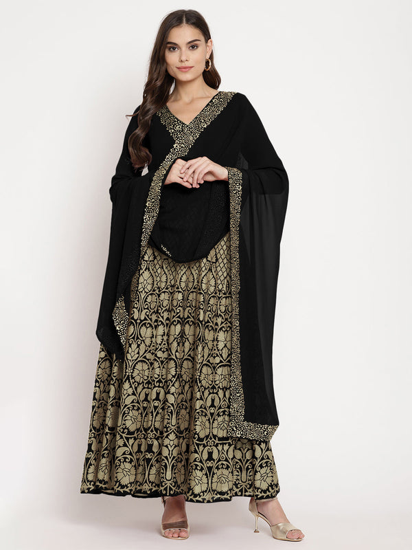 Black Georgette Gold Foil Print Flared Kurta with Dupatta