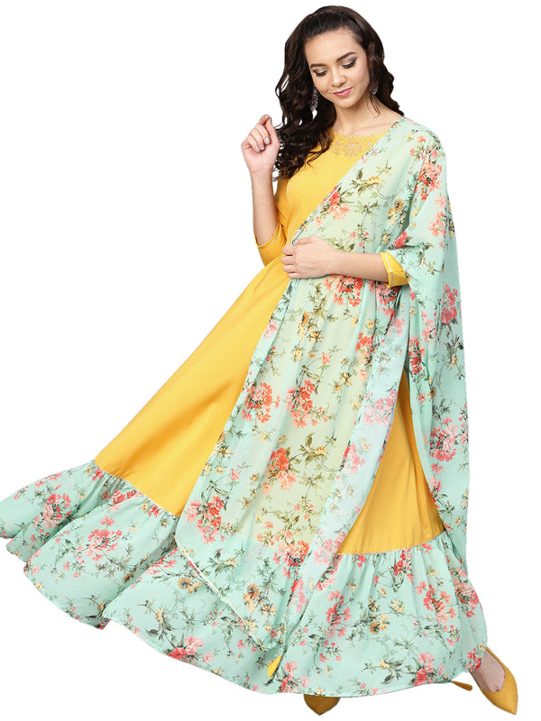 Women's Mustard Straight Crepe Kurta Sets - Ahalyaa