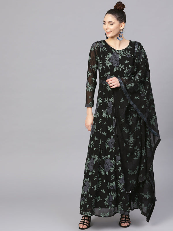 Women's  Black Georgette Anarkali Kurta With Dupatta- Ahalyaa