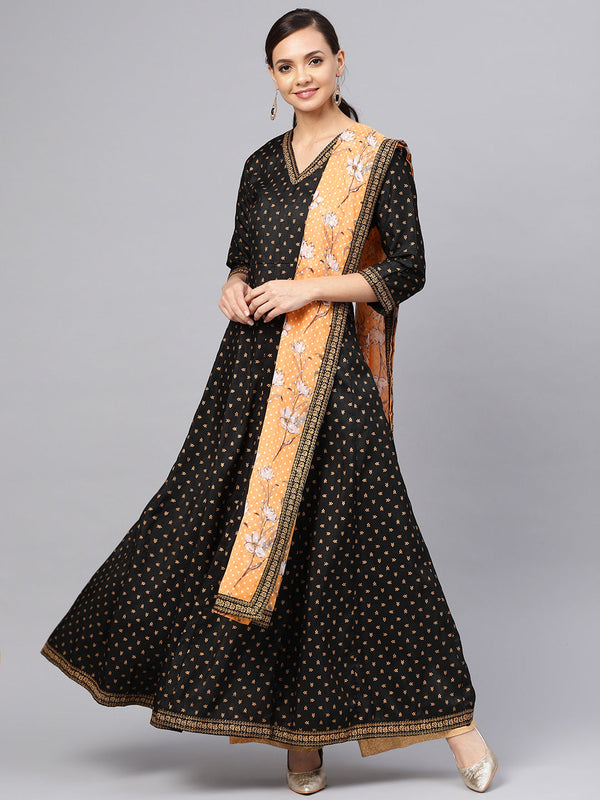 Women's Black  And Gold Printed Anarkali Kurta Set  - Ahalyaa