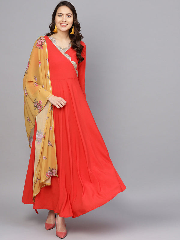 Women's Red Plain Kurta With Dupatta  - Ahalyaa