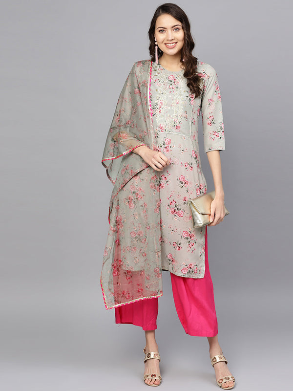 Women's  Grey Kurta With Dupatta - Ahalyaa