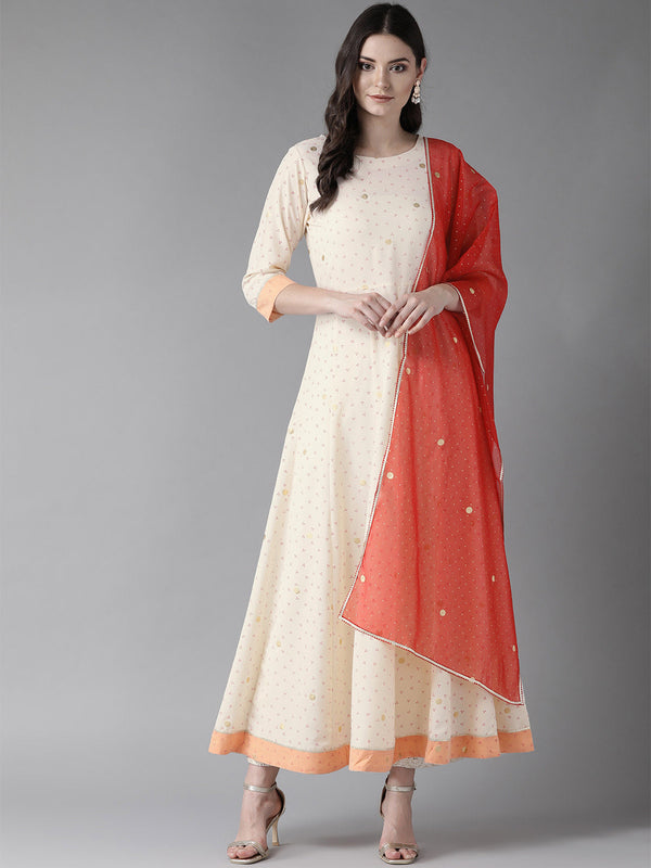 Women's S Cream Kurta With Dupatta Set - Ahalyaa