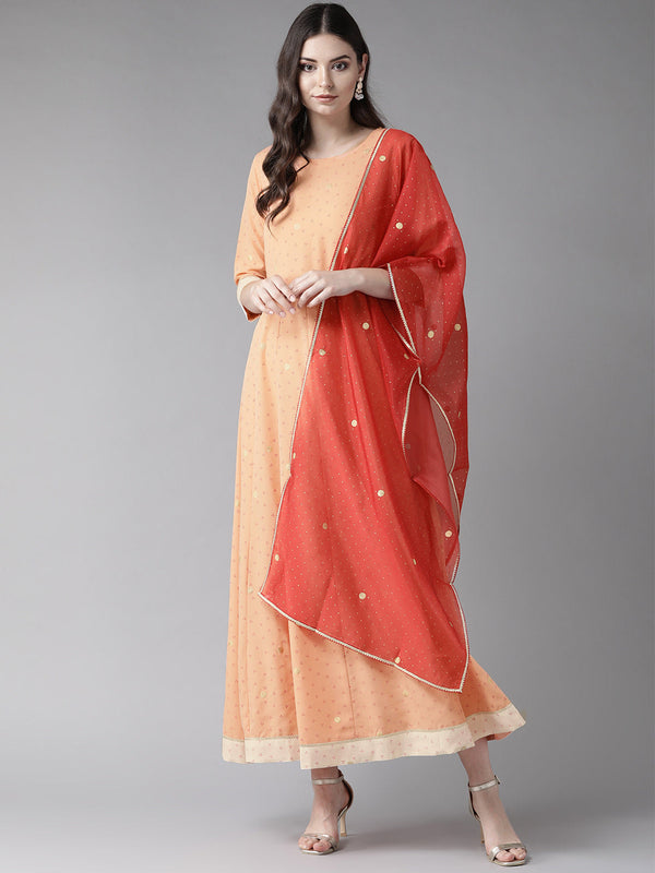 Women's S Peach Kurta With Dupatta Set - Ahalyaa