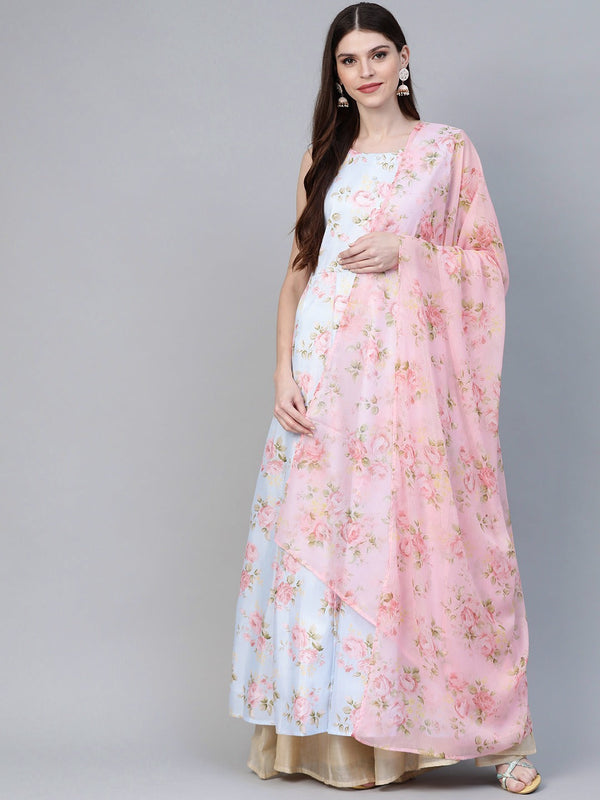 Blue & Pink Floral Printed Anarkali Kurta with Dupatta