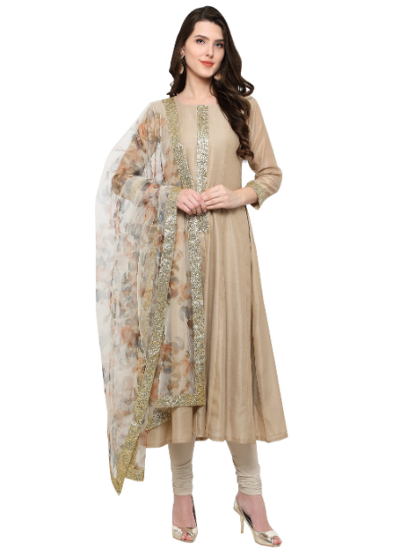 Women's Beige Anarakali Kurta With Digital Printed Net Dupatta Set - Ahalyaa