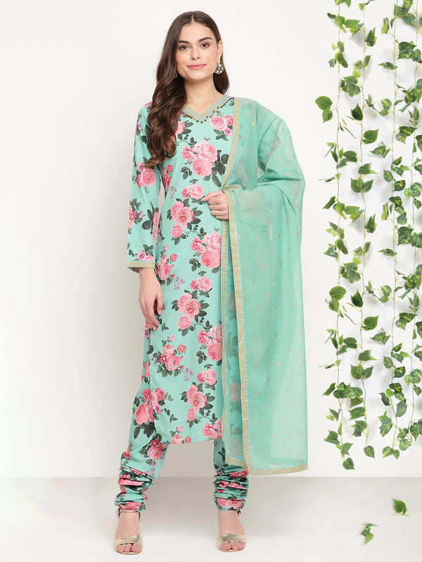 Green Floral Printed Kurta with Churidar & With Dupatta