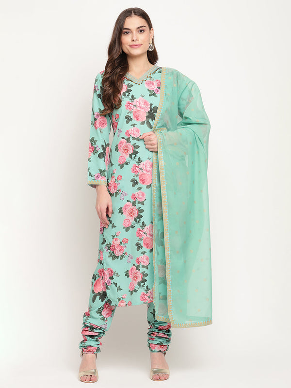 Women's Green Floral Printed Regular Kurta Churidar Set & With Dupatta- Ahalyaa