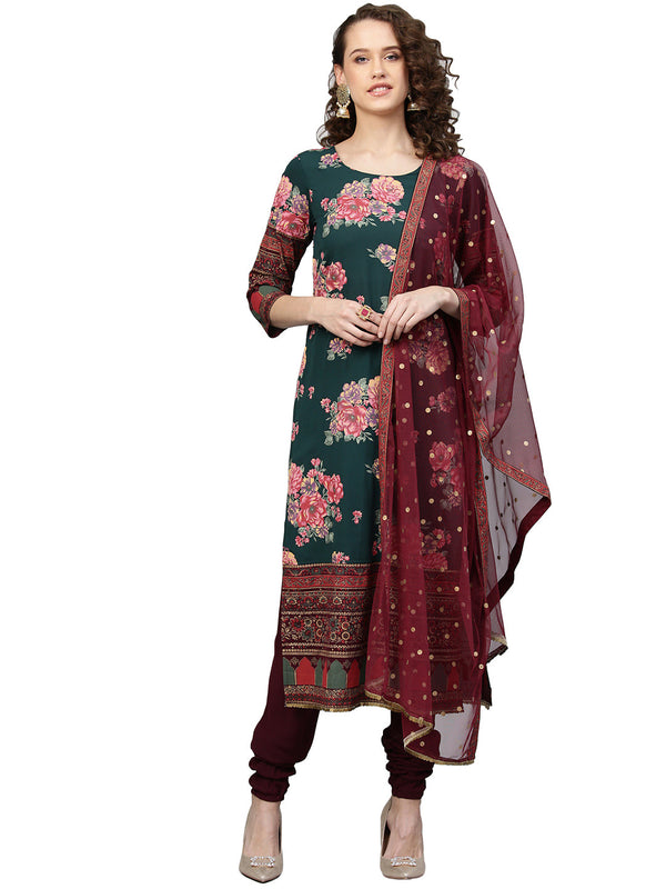 Women's Dark Green Polyester Khadi Print Kurta Churidar Set With Dupatta- Ahalyaa