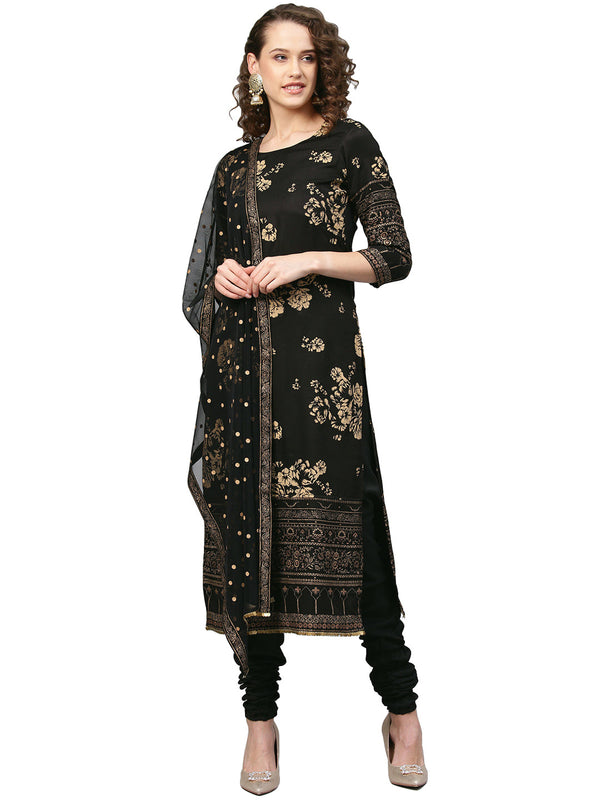 Women's Black Polyster Printed Kurta Chudidar Set With Dupatta- Ahalyaa