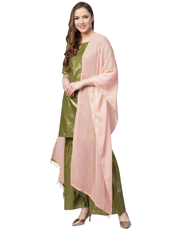 Women's Olive Cotton Blend Solid Kurta Sharara Set With Dupatta- Ahalyaa