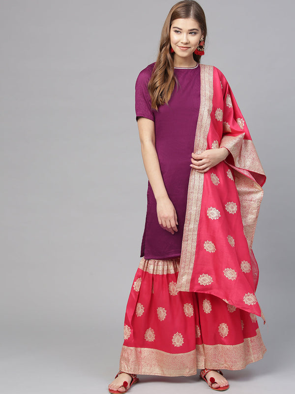 Women's Purple Poly Silk Solid Kurta And Red Printed Sharara With Dupatta- Ahalyaa