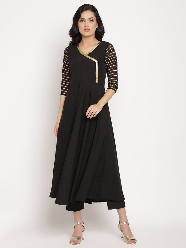 Women's Black Printed Angrakha Kurta With Trousers & With Dupatta- Ahalyaa