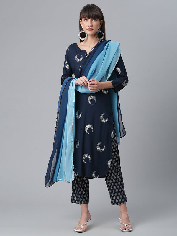 Women's  Navy Blue Rayon Printed Kurta With Pant- Ahalyaa