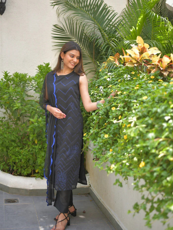 Navy Blue Chanderi Kurta Pant With Dupatta Set