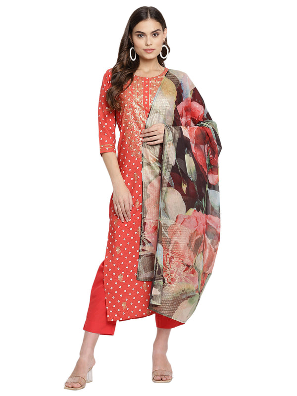 Women's Red Crepe Bandhani Gold Printed Kurta Pant With Dupatta - Ahalyaa