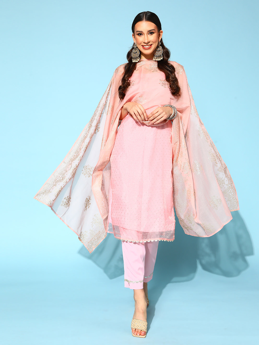 Women's Pastel Pink Colour Organza Glitter Printed Kurta Pant Set With Dupatta - Ahalyaa