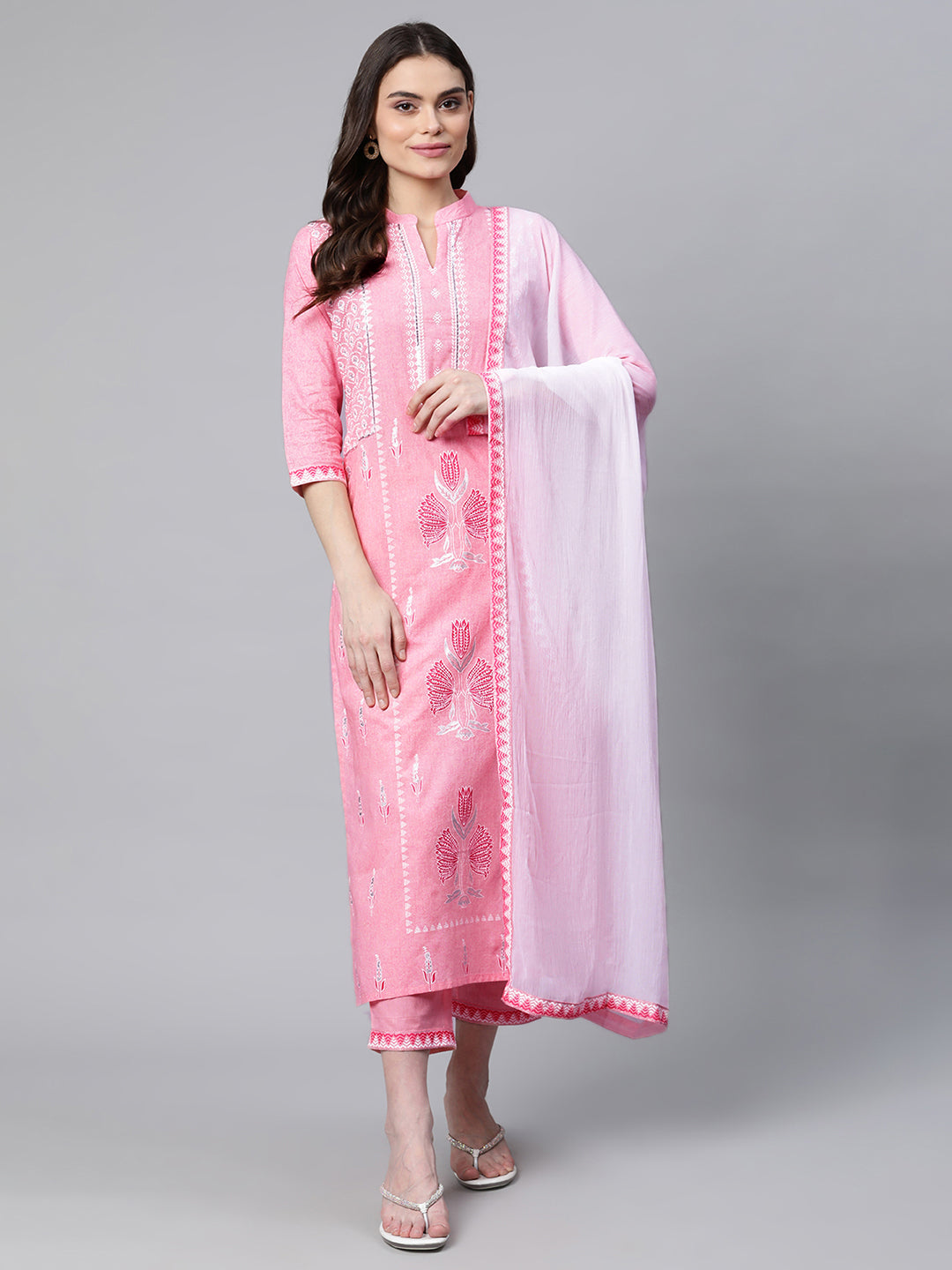 Women's Light Pink Colour Pure Cotton Printed Kurta Pant Set With Dupatta - Ahalyaa