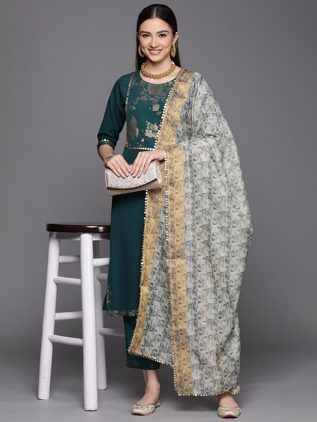 Women's Dark Green Crepe Smoke Printed Kurta Pant Set With Dupatta - Ahalyaa