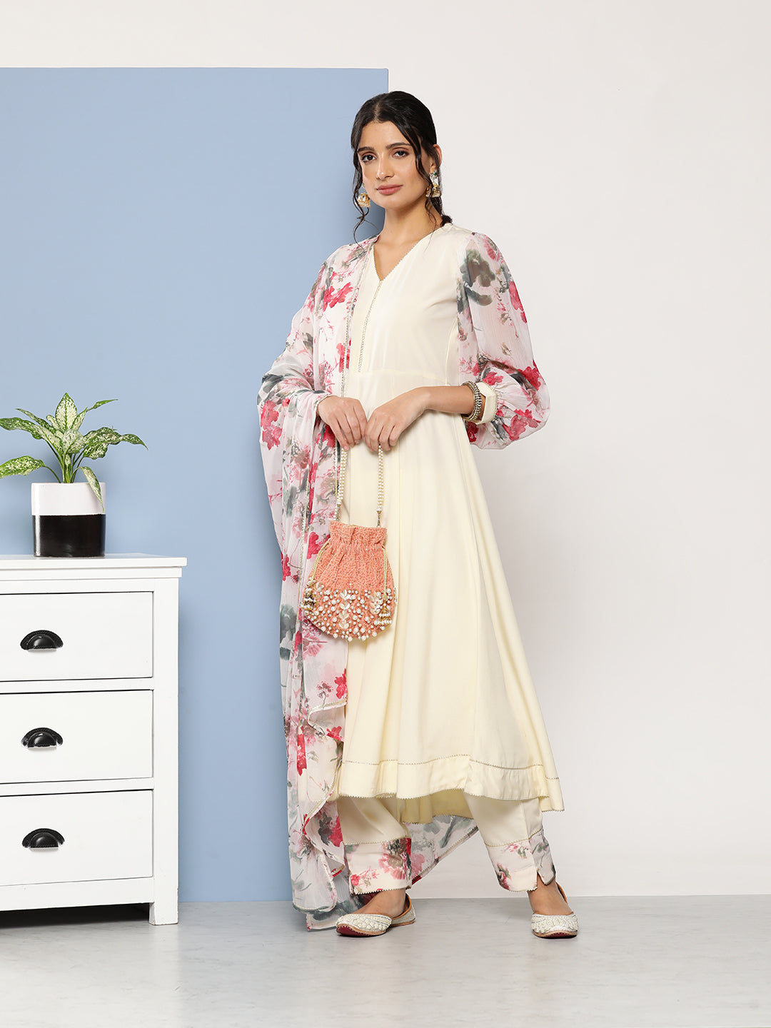 Women's Cream Poly Crepe Kurta Trousers Set With Dupatta - Ahalyaa