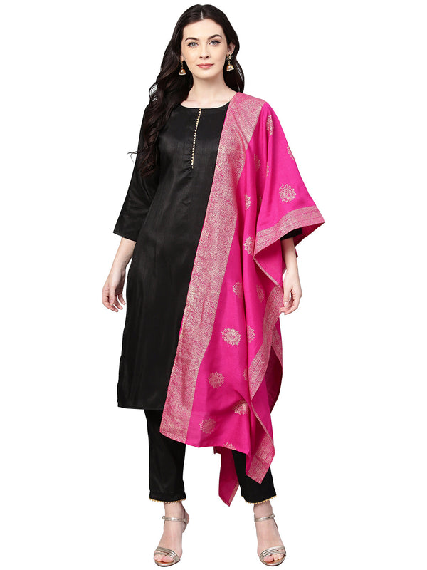 Women's Black With Bright Pink Kurta Set  - Ahalyaa