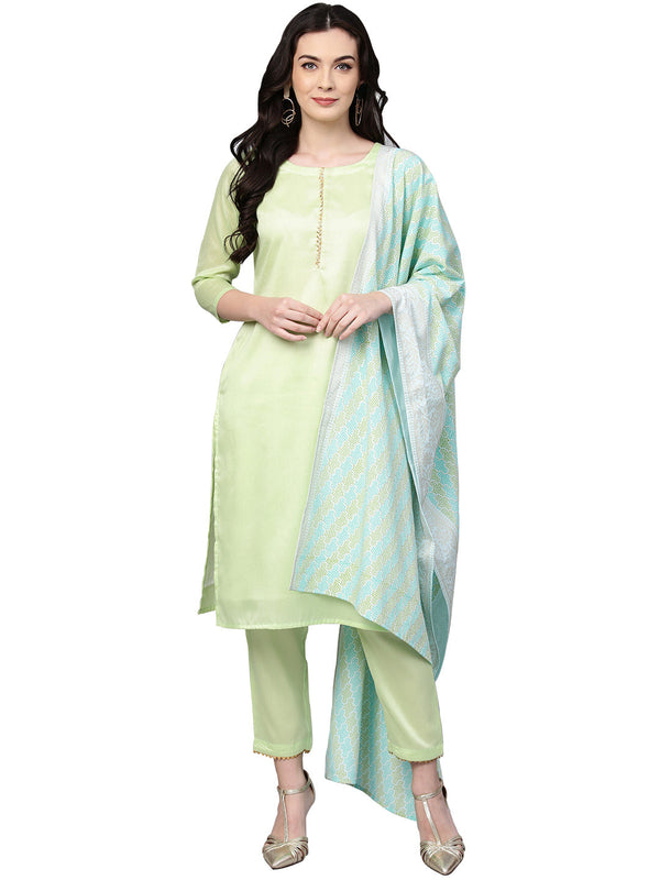 Women's Sea Green Cotton Blend Solid Kurta Trouser Set With Dupatta- Ahalyaa