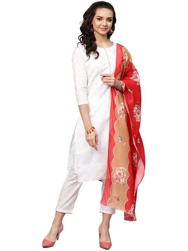 White & Gold Printed Straight Cotton Kurta Sets