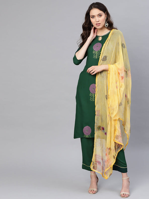 Women's Green Printed Straight Rayon Kurta Set - Ahalyaa