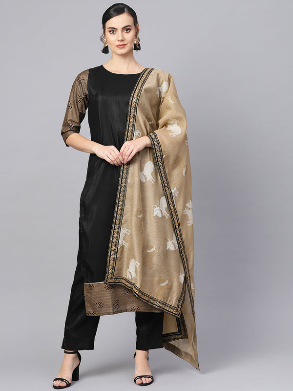 Black Solid Kurta with Trousers & Dupatta