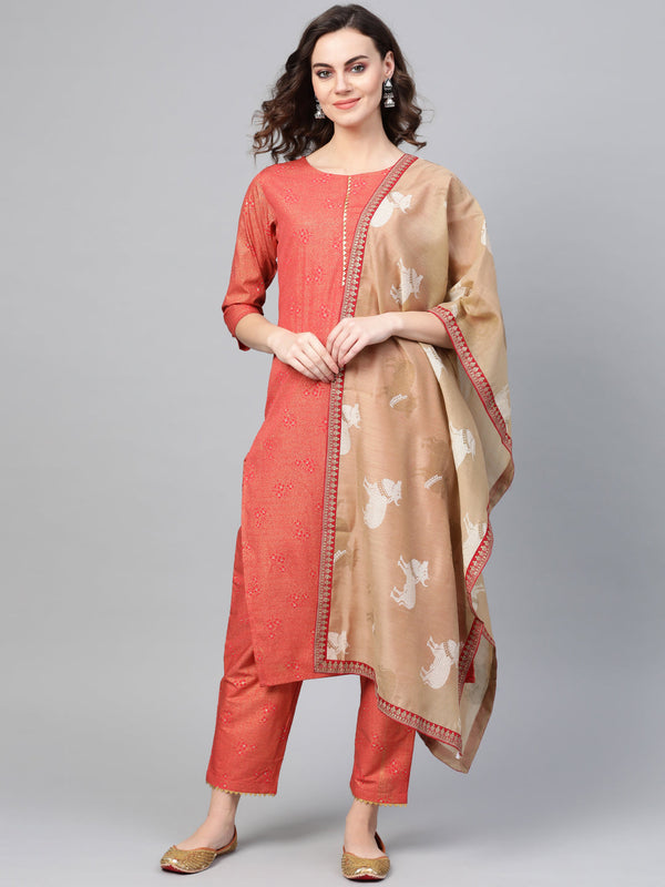 Women's Straight Red Kurta Set  - Ahalyaa