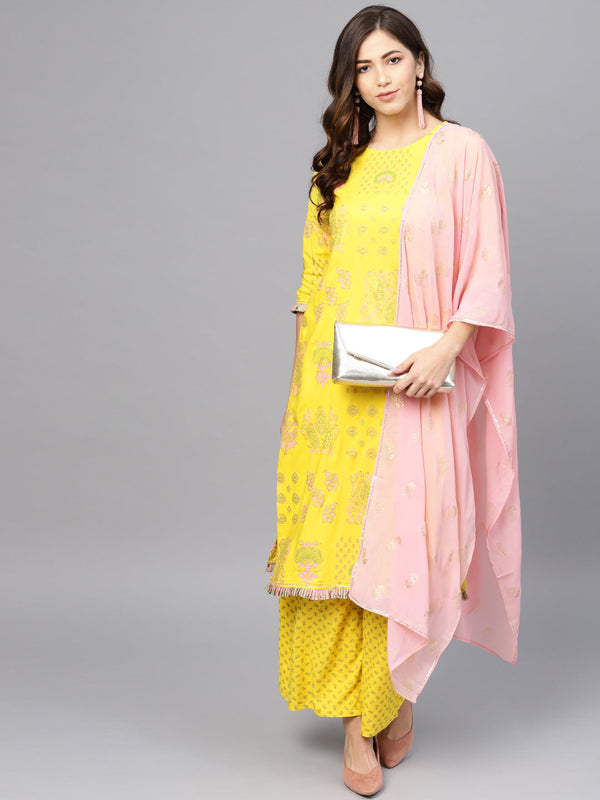 Yellow & Pink Printed Kurta with Palazzos & Dupatta