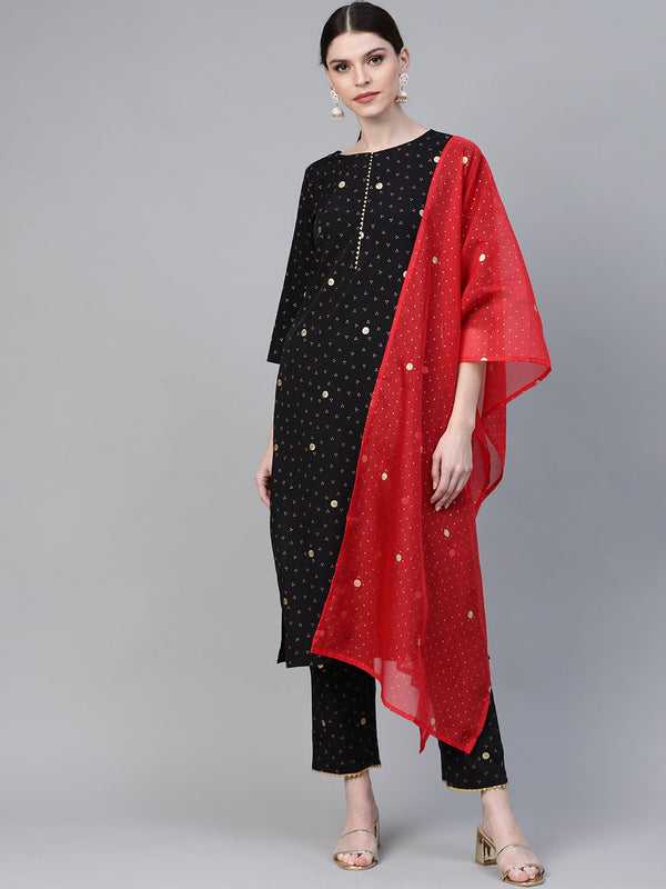 Black & Pink Bandhani Printed Kurta with Trousers & Dupatta